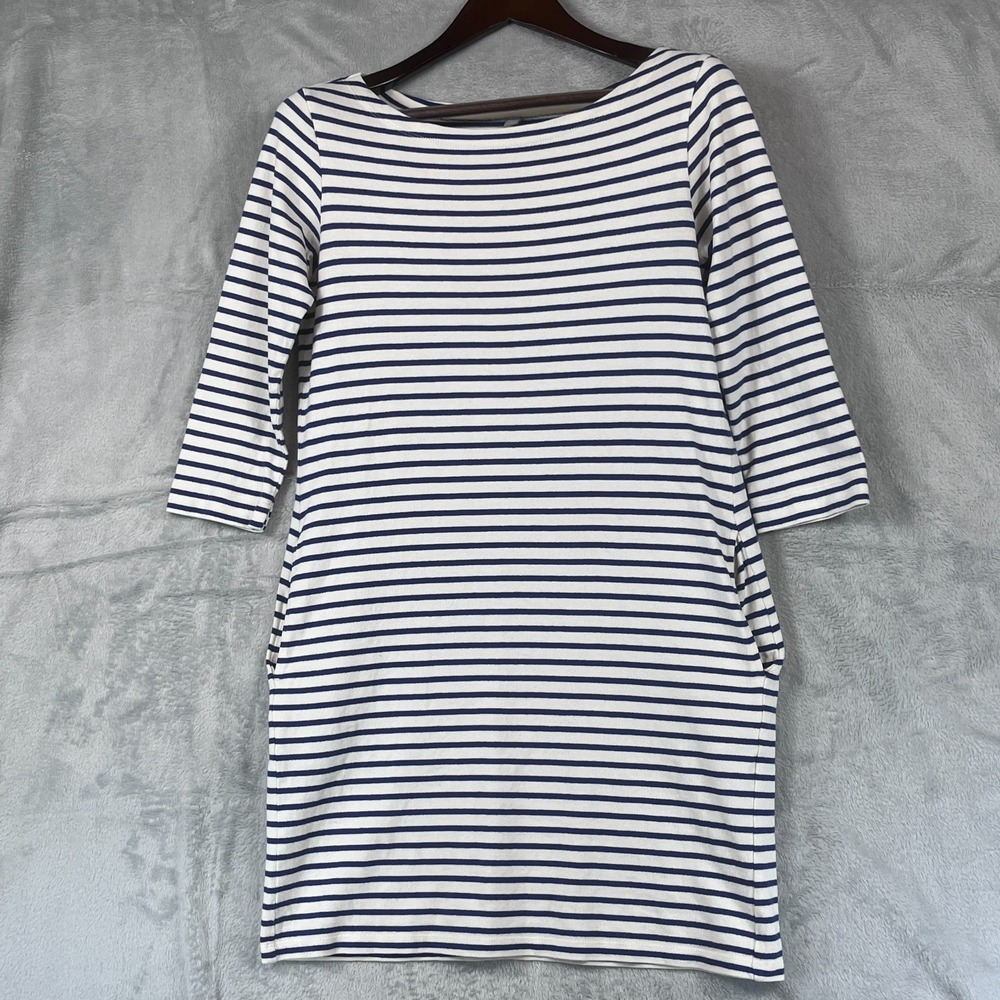 Uniqlo White/Navy Size M Striped Sweater Mini Dress 3/4 Sleeve Boat Neck Women